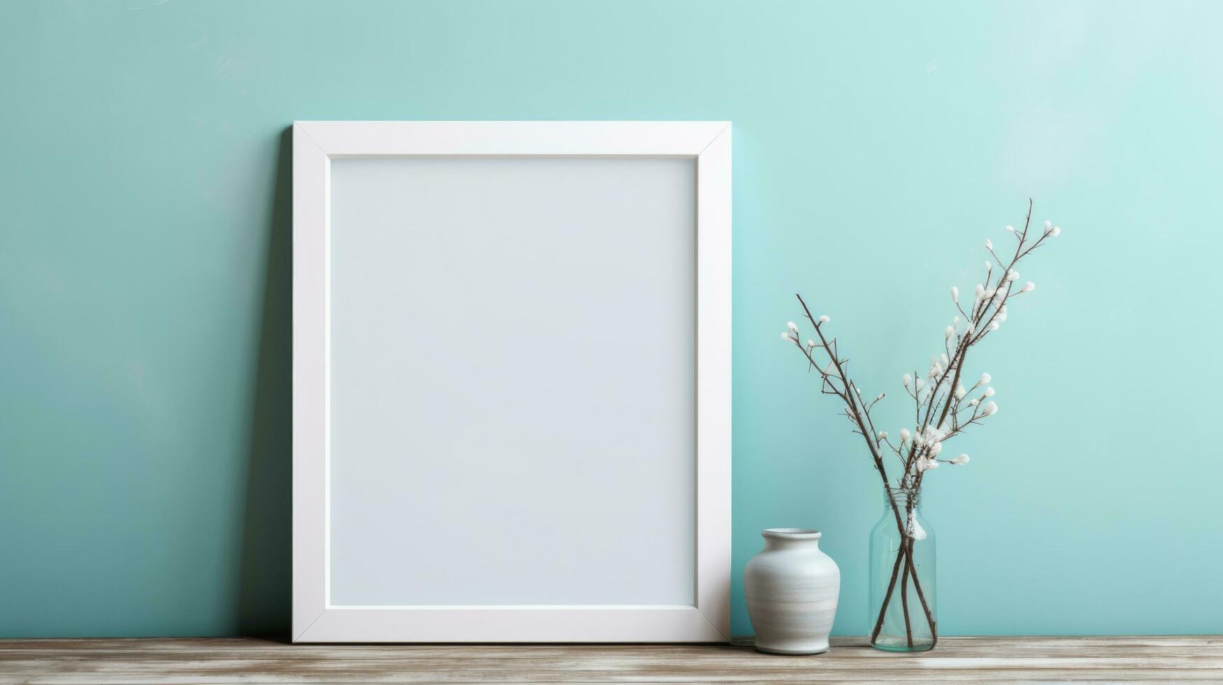 White picture frame mockup on wood table with home decoration, Afternoon light by the window, Generative ai. photo