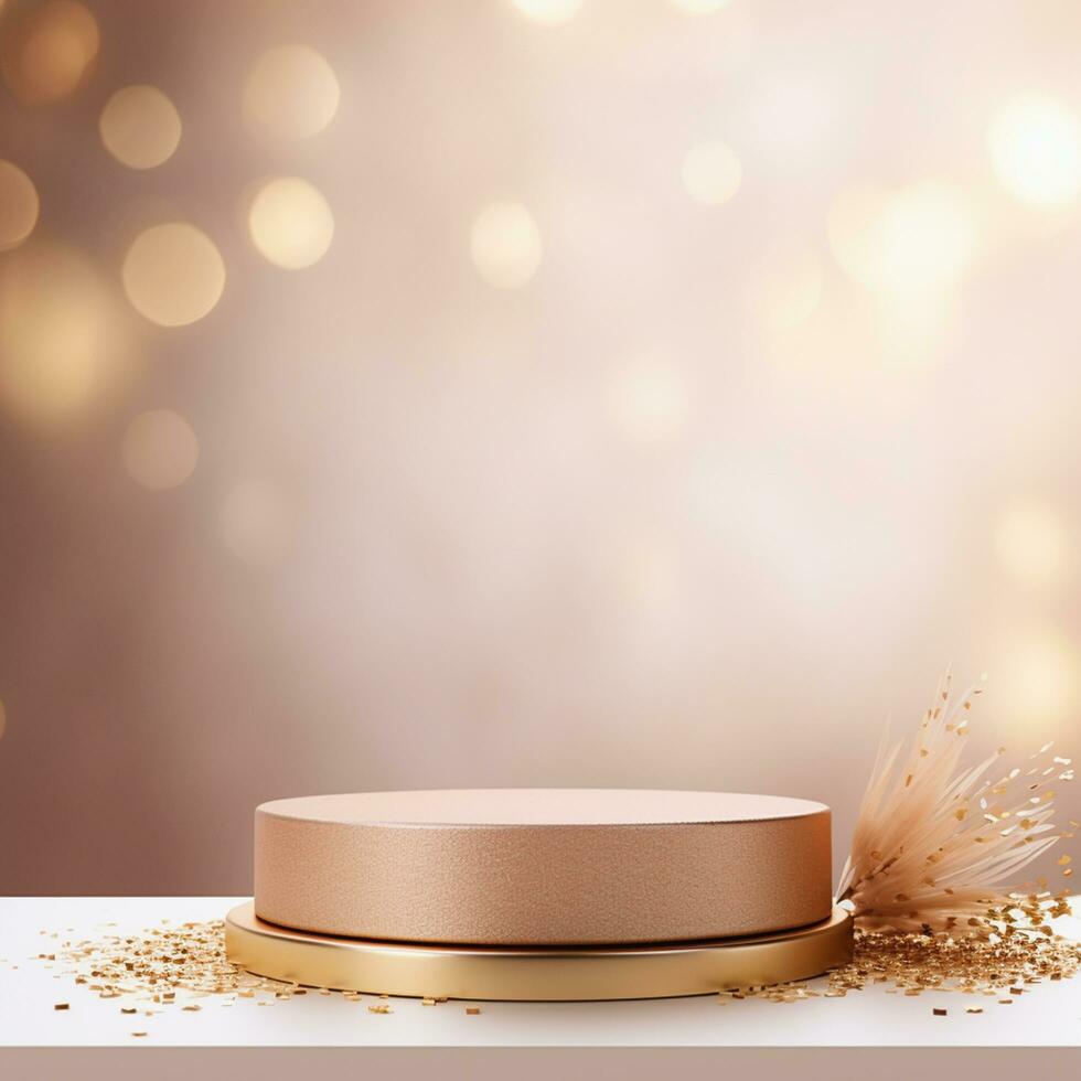 White podium display cosmetic product on light brown background, Generative ai. photo