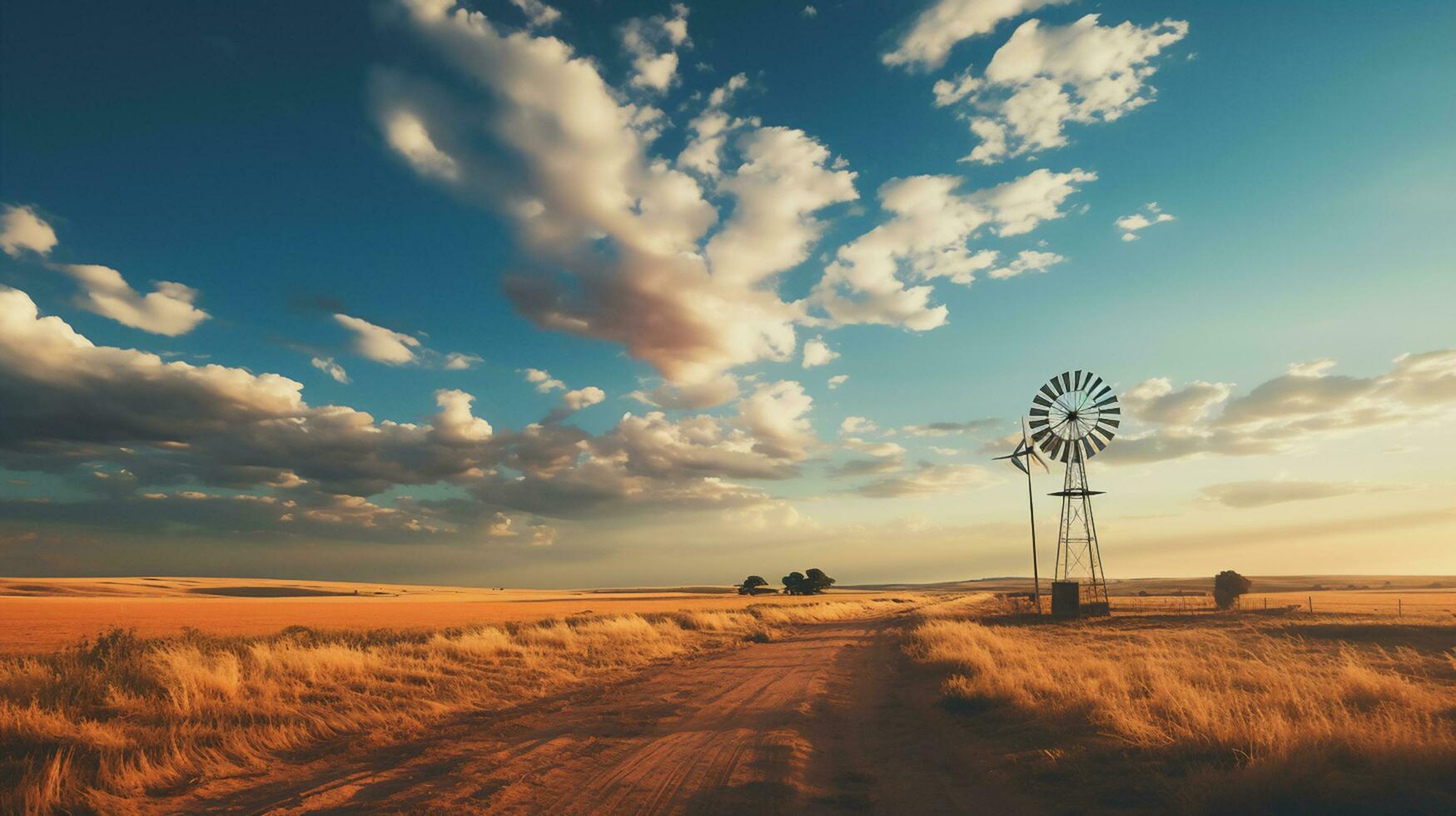 Wind turbines generate electricity on meadow, Generative ai. photo