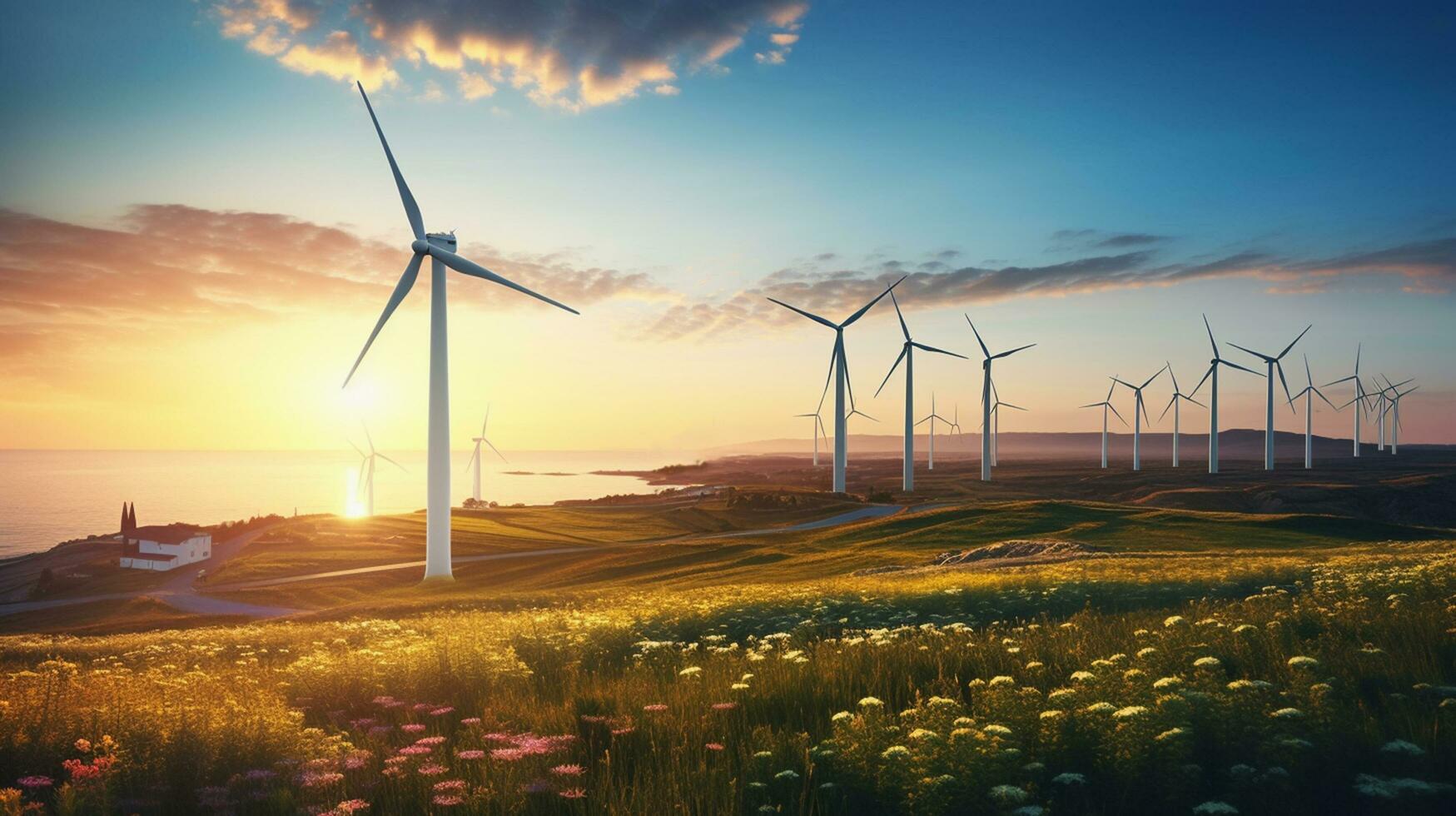 Wind turbines generate electricity on meadow, Generative ai. photo