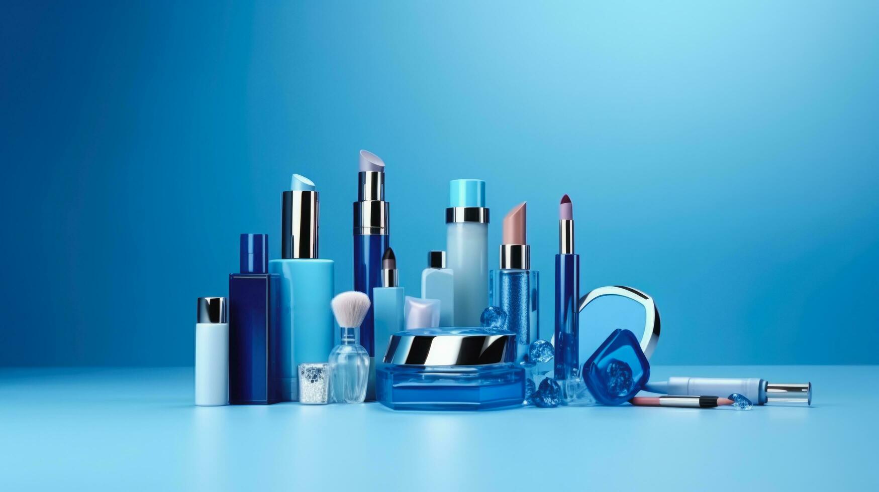 Beauty cosmetic makeup on table, brushes, lipstick, nail polish collection on blue background, Generative ai. photo