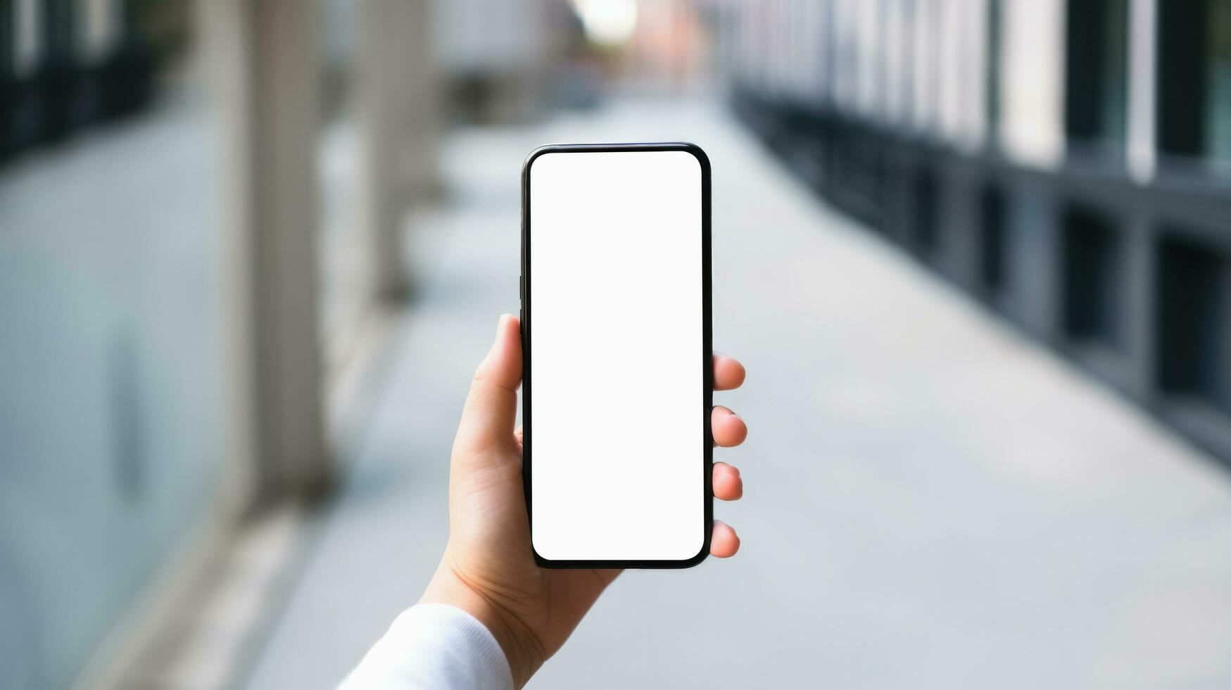 Hand holding the black smartphone with blank screen, Generative ai. photo