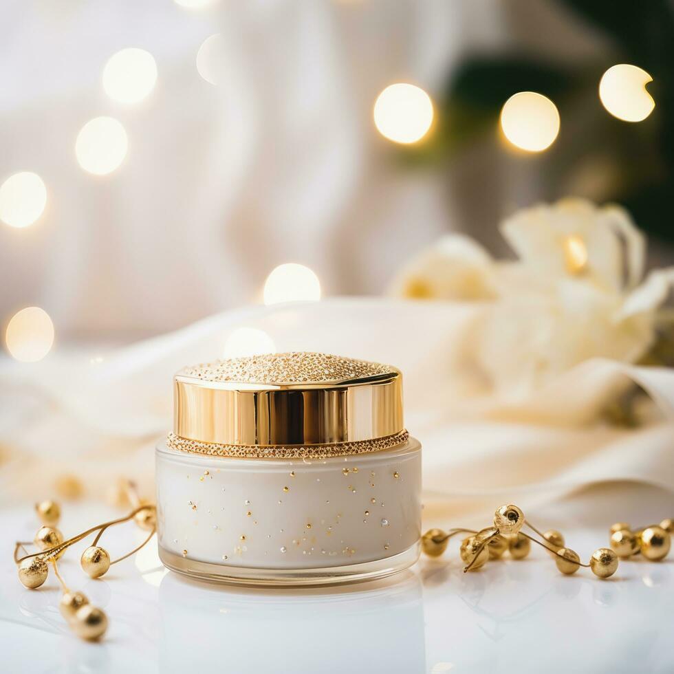 Luxury serum bottle and gift box with gold decorations on white background, Generative ai. photo