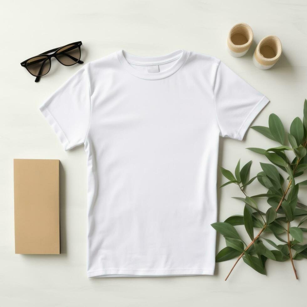 plano laico de blanco camiseta Bosquejo en blanco fondo, por ai generativo. foto