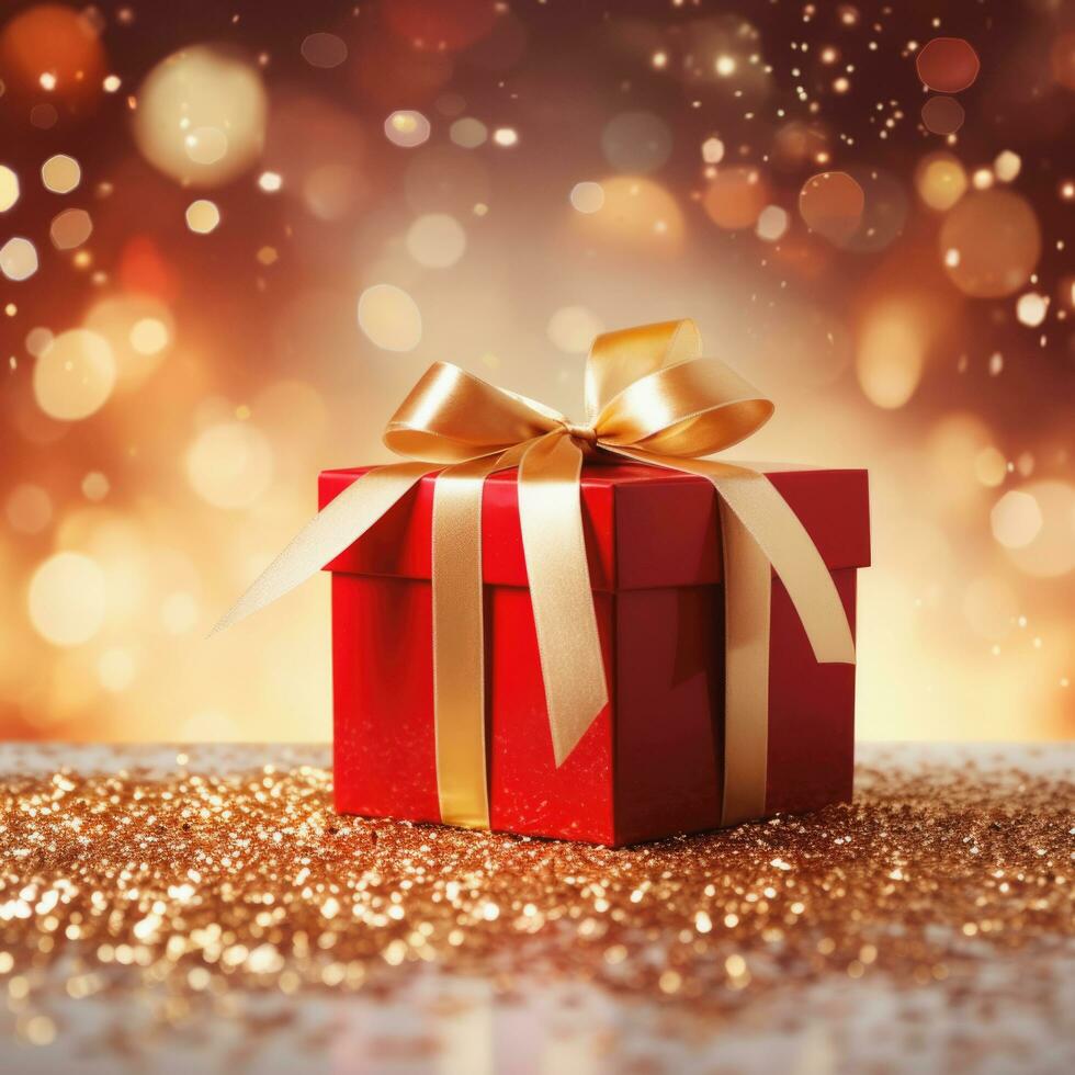 Red luxury gift box, gold ribbon bow, golden light on bokeh background, Generative ai. photo