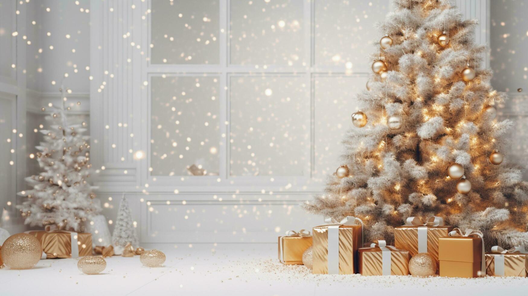 Christmas tree and gift box with decorations, Generative ai. photo