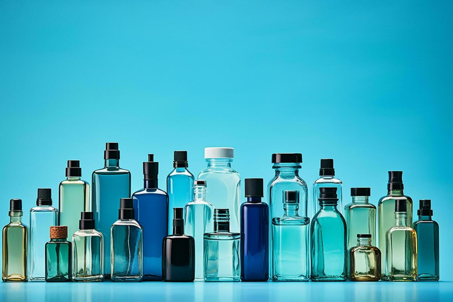Cream bottle on table, cosmetic product on blue background, Generative ai. photo