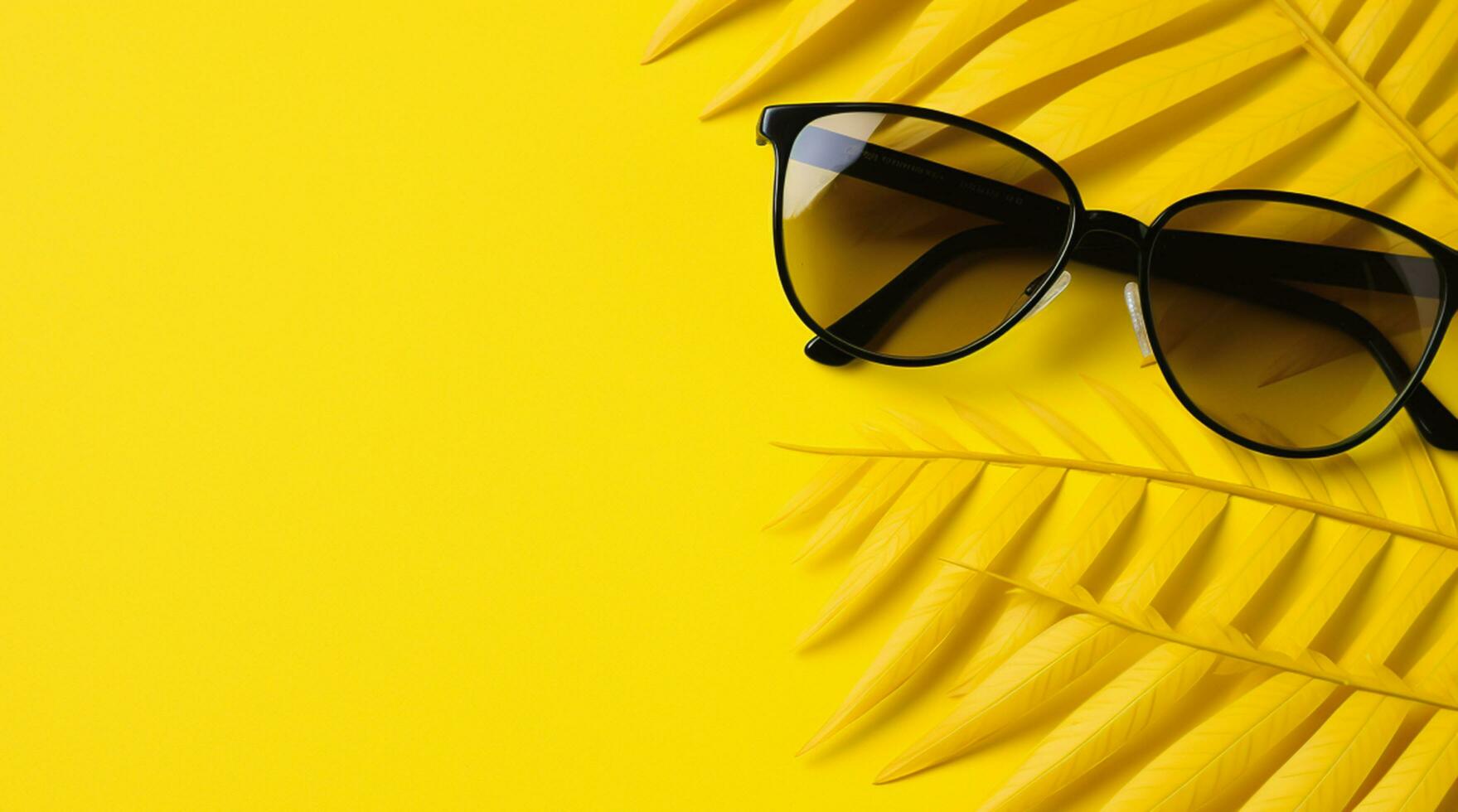 Top view of sunglasses and leaf on yellow background, summer concept. Generative ai. photo