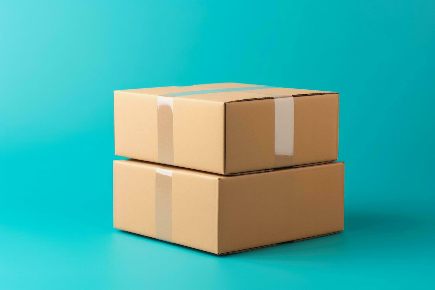 Brown cardboard box package on blue background, Generative ai. photo