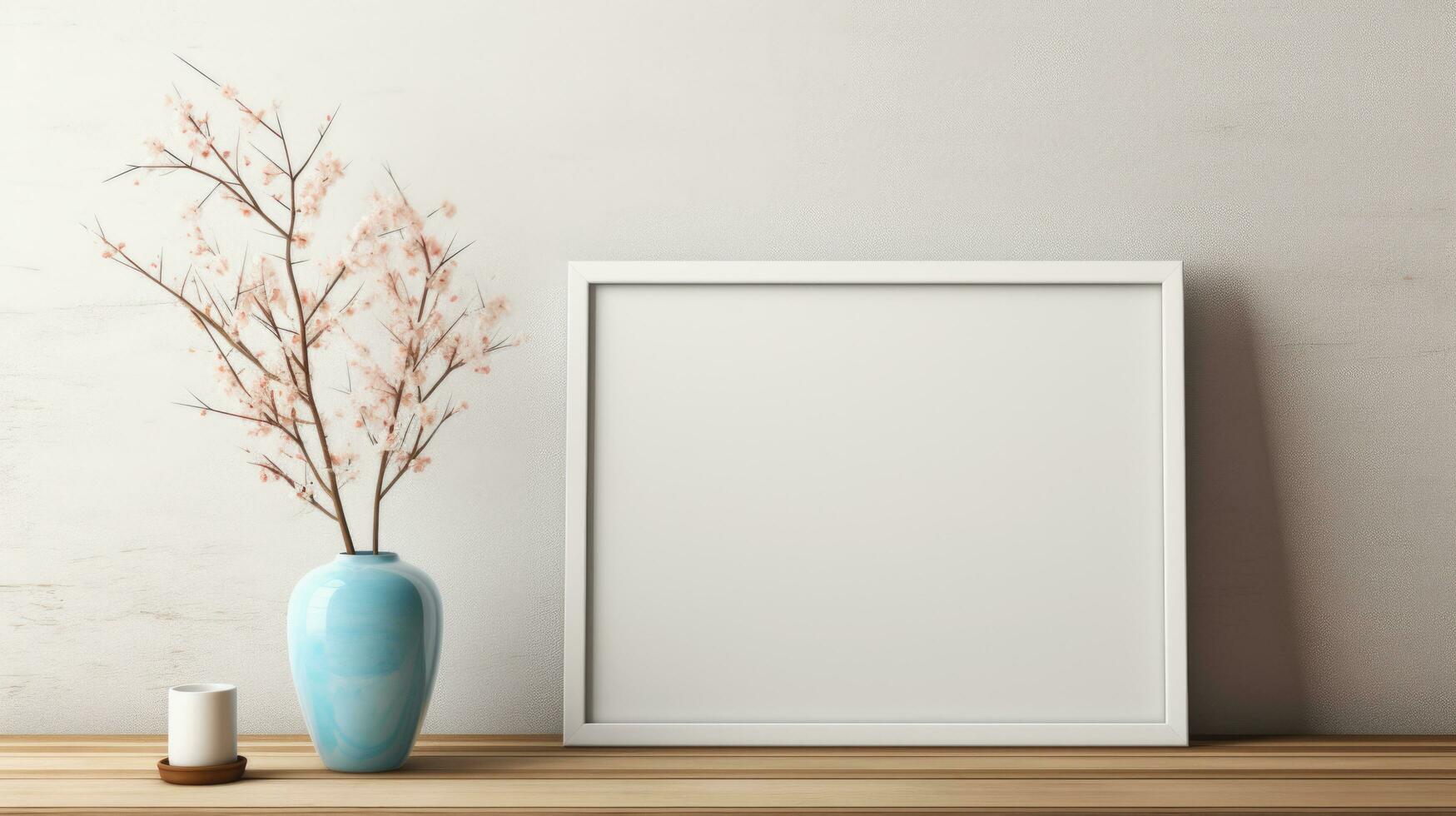 White picture frame mockup on wood table with home decoration, Afternoon light by the window, Generative ai. photo