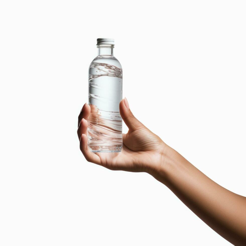 Hand holding water bottle on white background, by AI Generative. photo