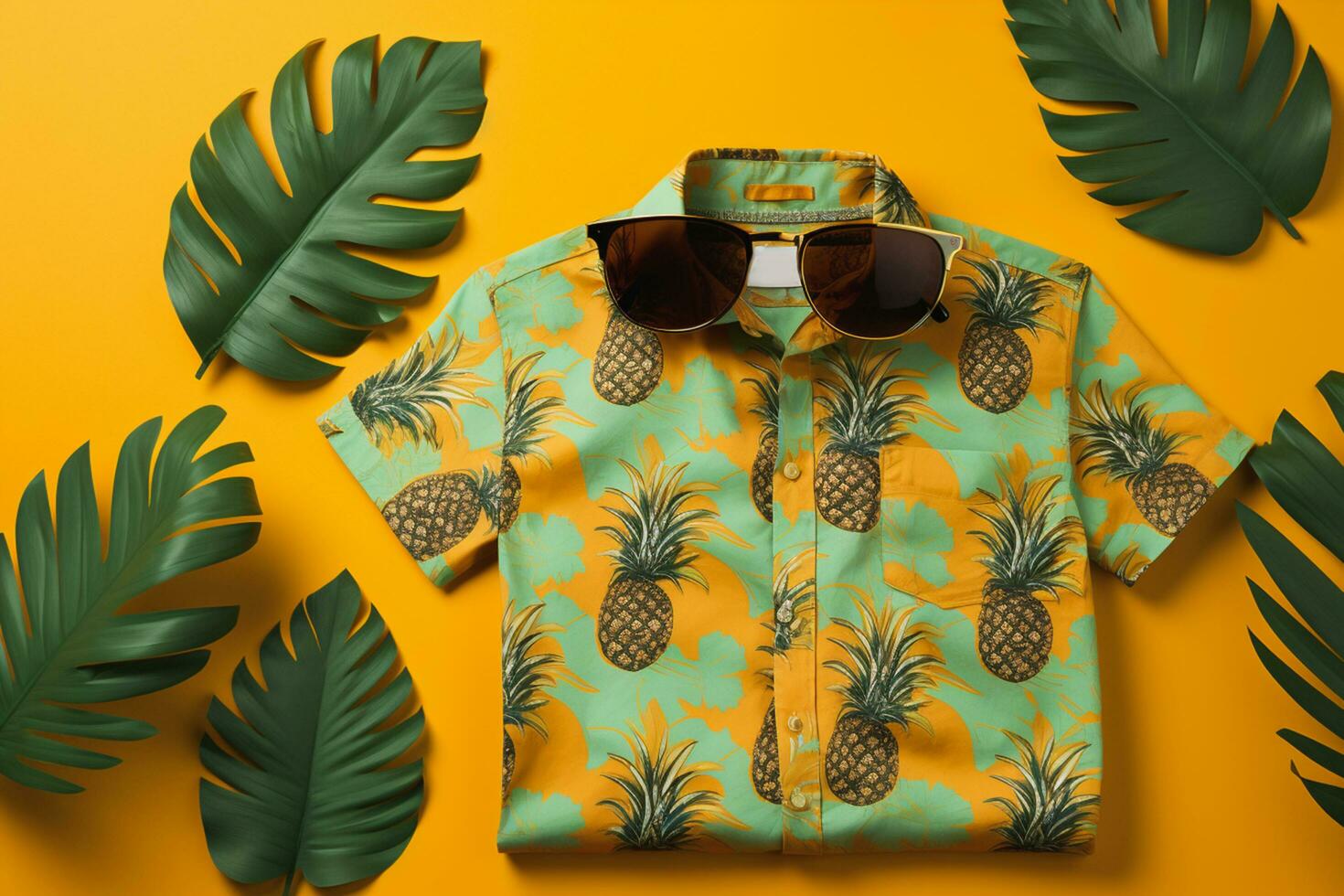 Top view of hawaiian shirt and leaf on yellow background, summer concept. Generative ai. photo