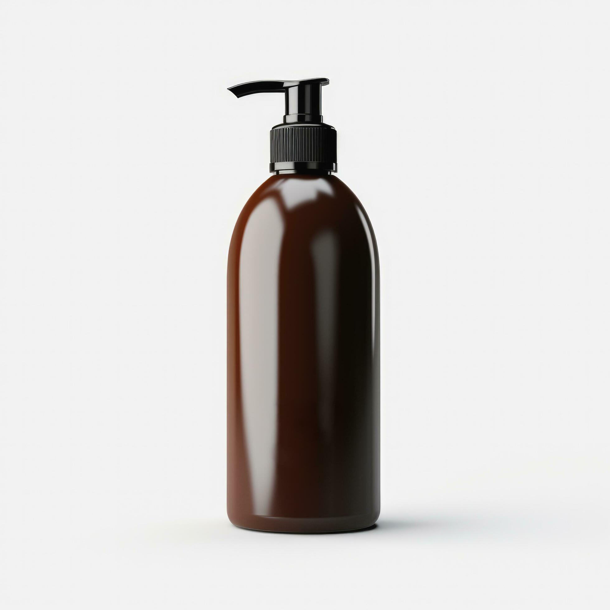 Brown cleansing shampoo bottle on white background, Generative ai