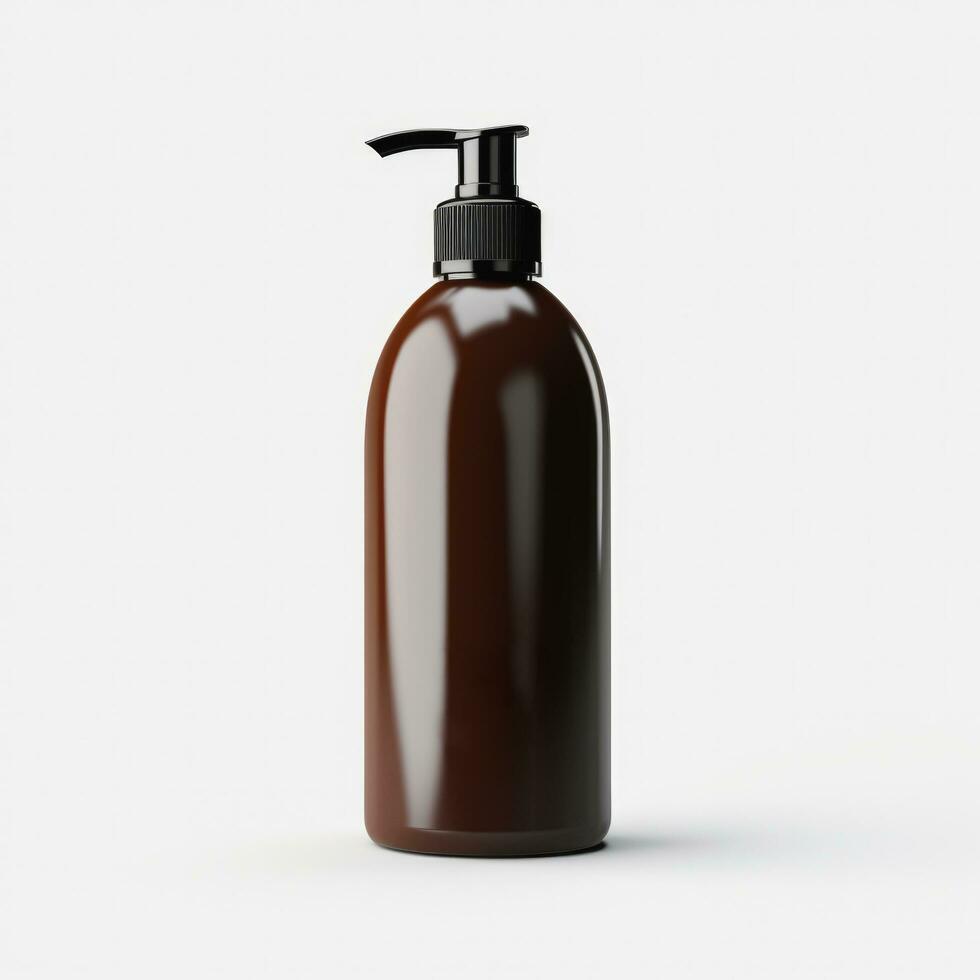 Brown cleansing shampoo bottle on white background, Generative ai. photo