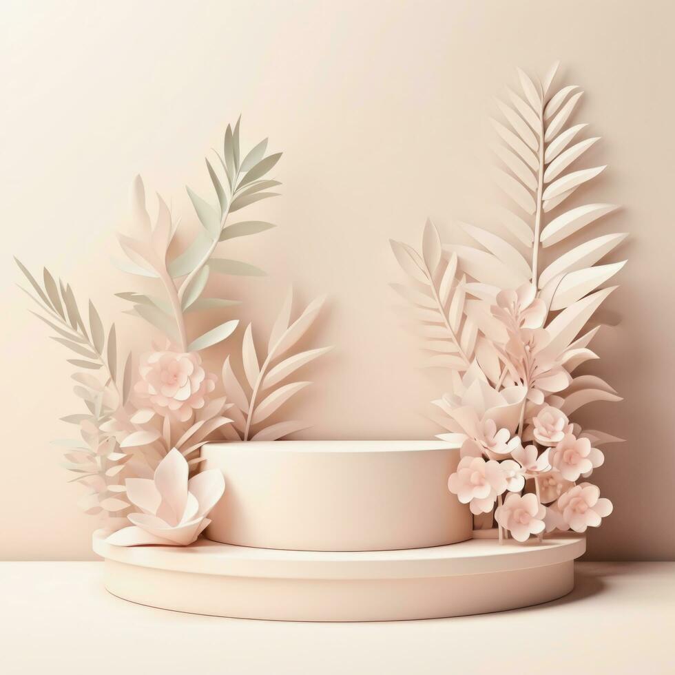 Beige podiums with leaf paper cut on background, cosmetic product show, Generative ai. photo