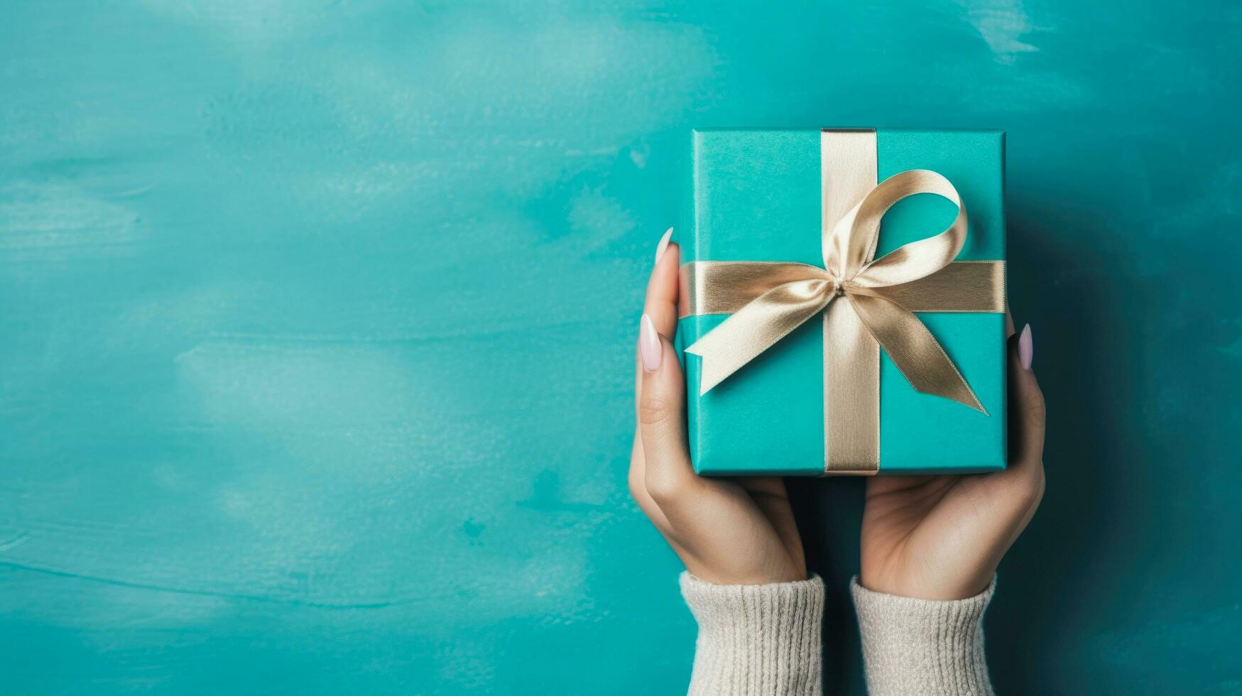 Top view of hands holding gift box with copy space on turquoise background, Generative ai. photo