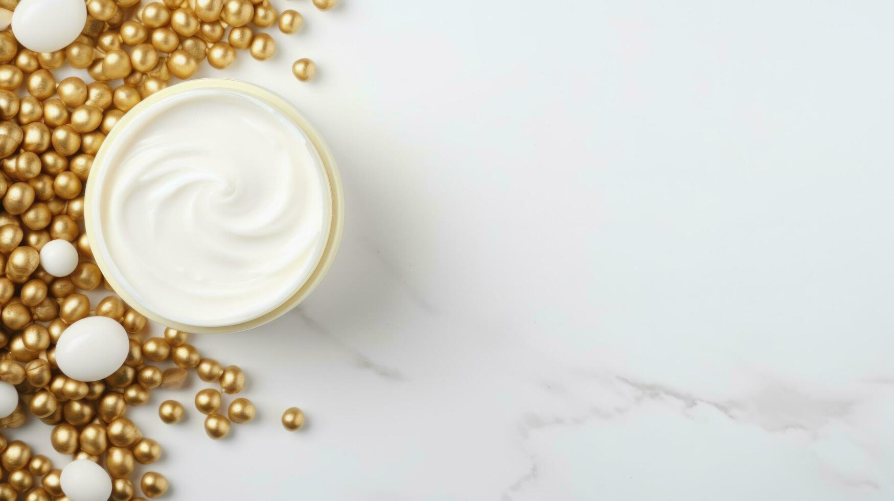 Top view of skin care product and luxury white background, Generative ai. photo