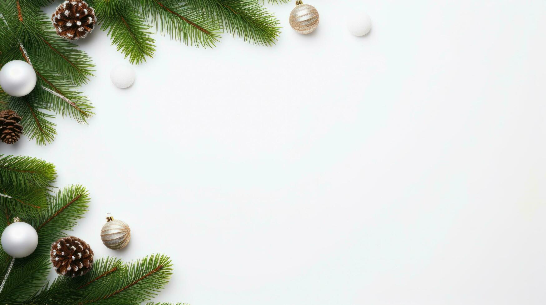 Flat lay of Christmas decorations on white background, by AI Generative. photo