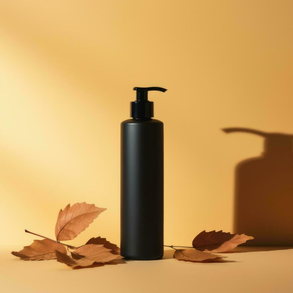 Black cleansing shampoo bottle on beige background, Generative ai. photo