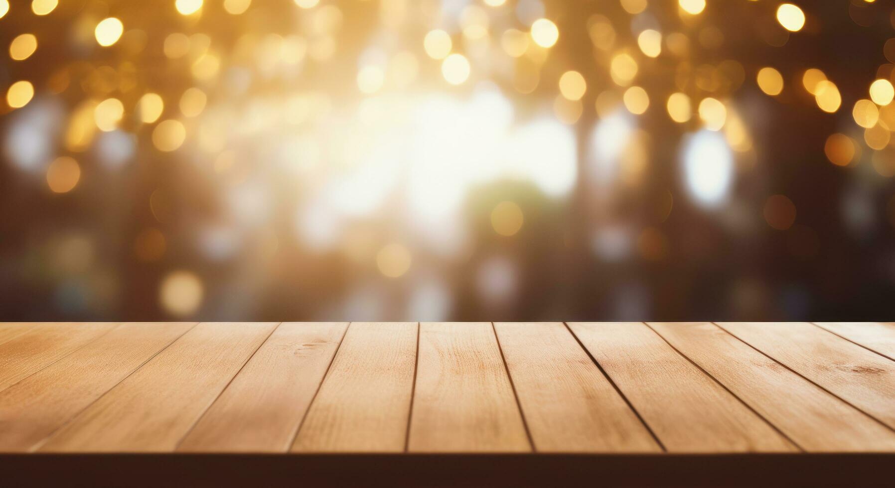 Wooden board empty table with blur gold bokeh background, Mockup for product, by AI Generative. photo