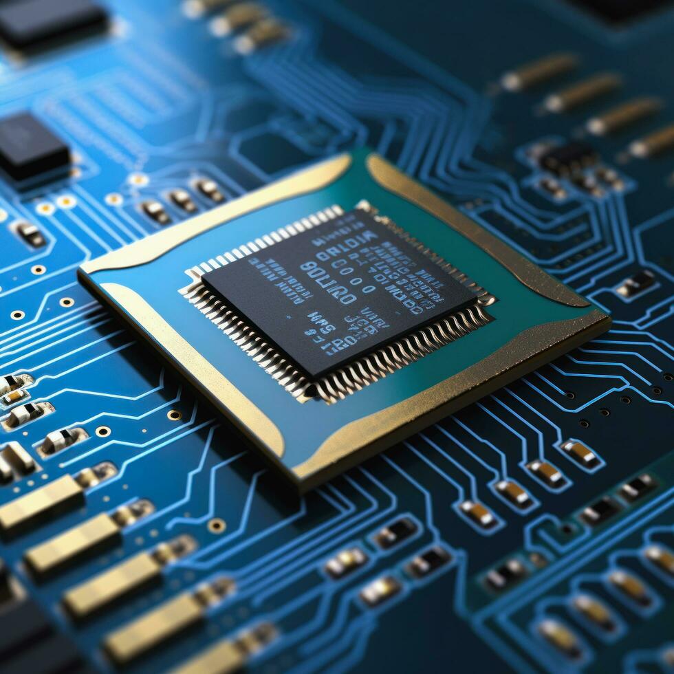 closeup of processing chip, by AI Generative. photo