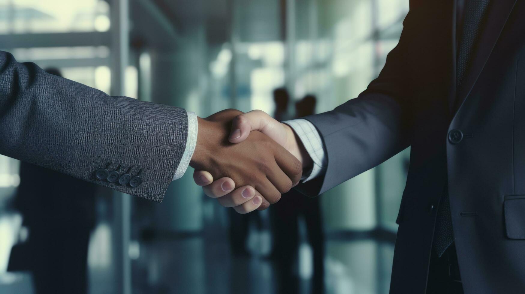 Businessman in gray suit handshake with business people, The background is a glass conference room, by AI Generative. photo