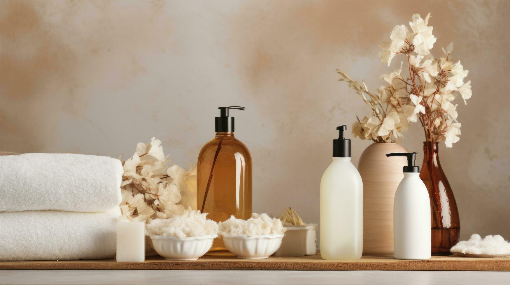 Bathing products in bathroom and spa shampoo with shower gel for cosmetics, by AI Generative. photo