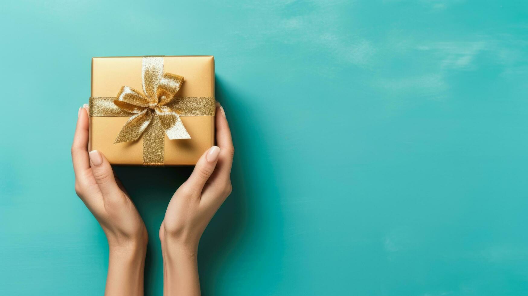 Top view of hands holding gold gift box with copy space on turquoise background, Generative ai. photo