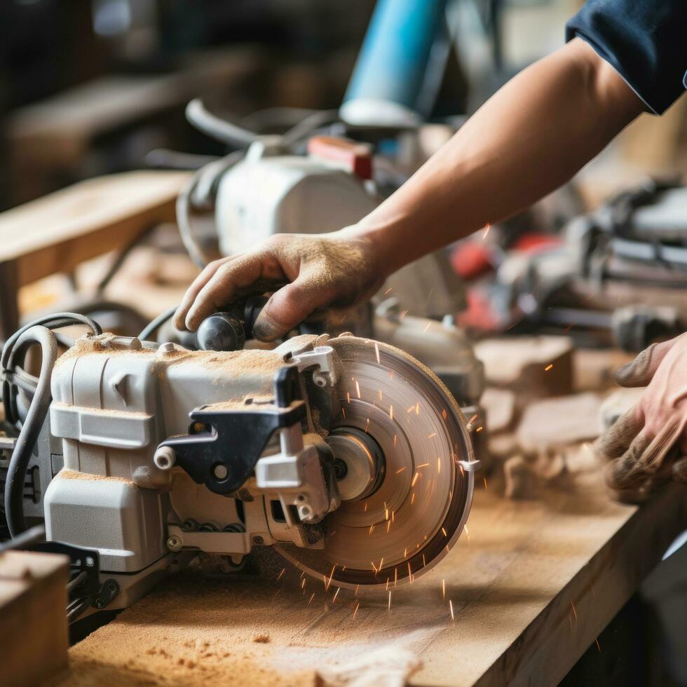 mano trabajando con eléctrico madera cortador en depósito, por ai generativo. foto