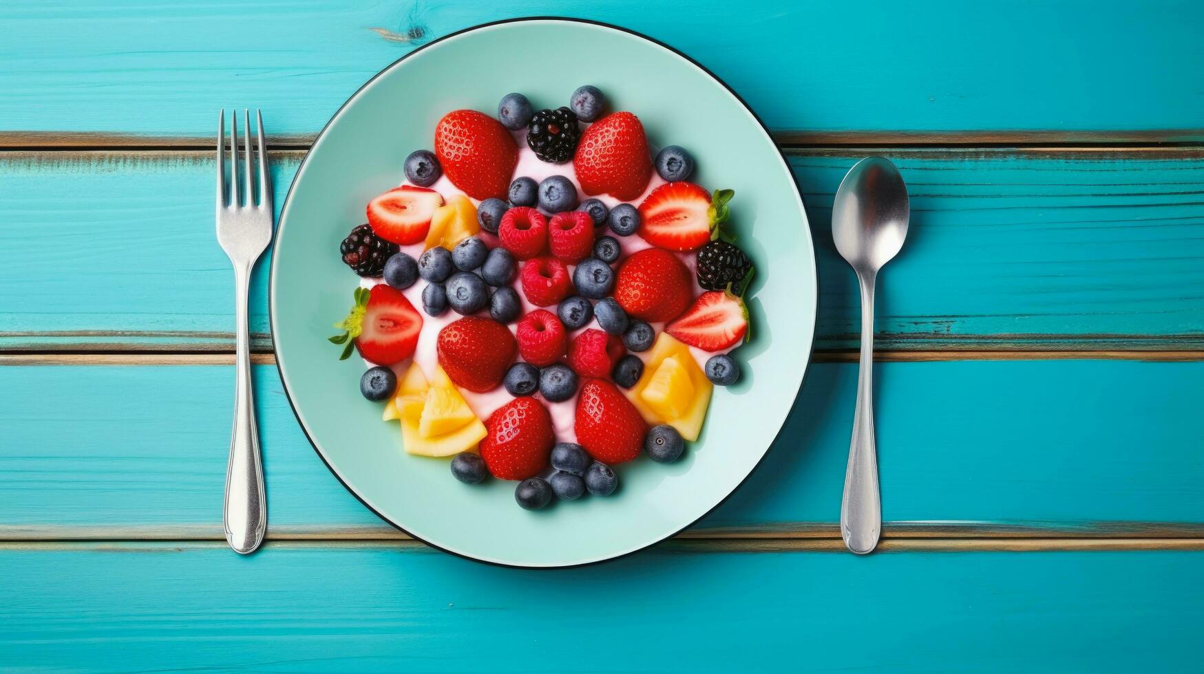 Top view of fruit salad with strawberry and blueberry sweet cherry in plate on wood blue background, Generative ai. photo