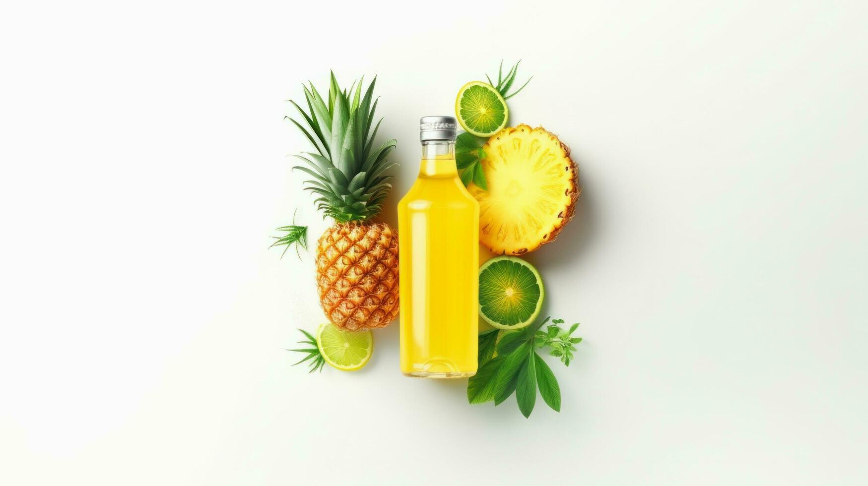 Top view of organic fruits and juice bottle with pineapple, lime on white background, by AI Generative. photo