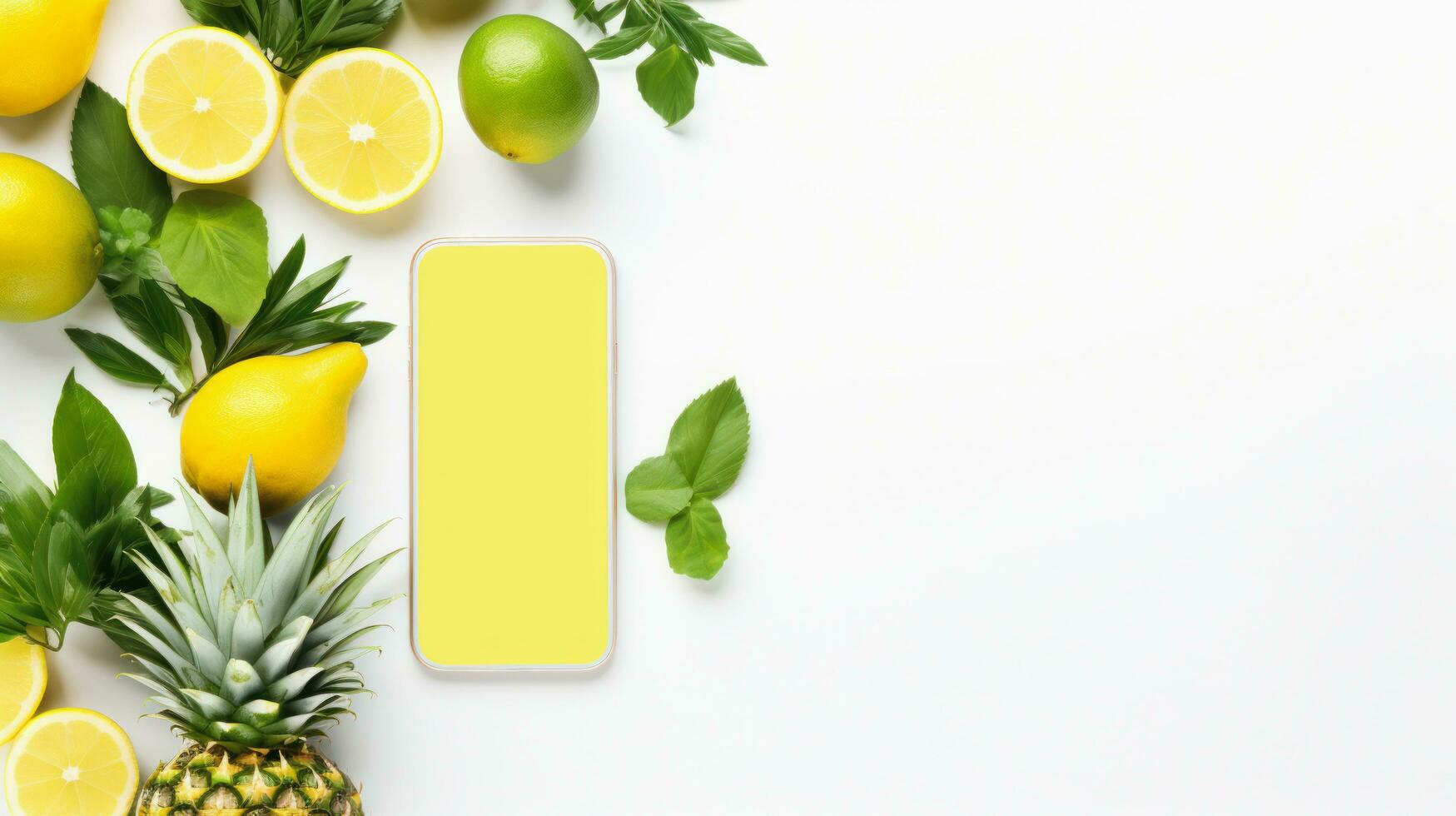 Flat lay of smartphone with blank screen and pineapple, lime and leaves on white background, Generative ai. photo