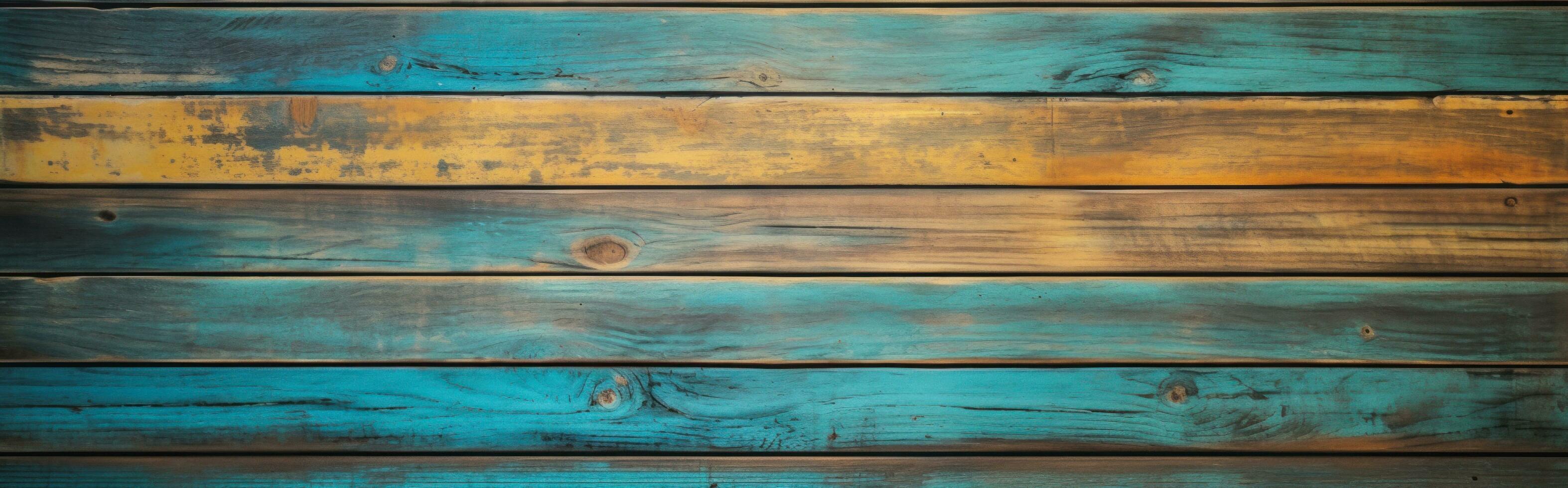 Old wood floor texture background, Turquoise and golden color, dark light, by AI Generative. photo