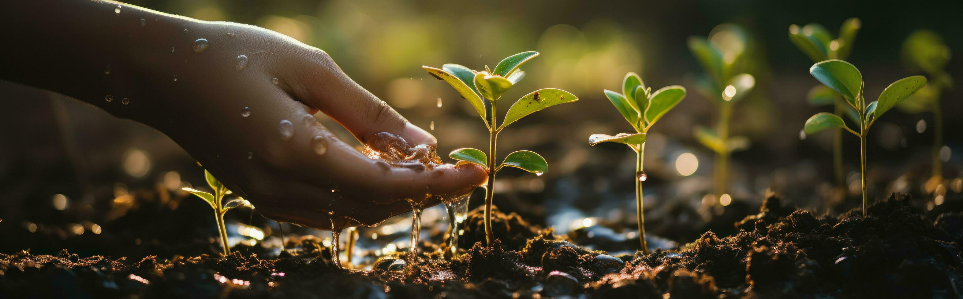 Hand watering on small tree growing from fertile soil, sunset, by AI Generative. photo