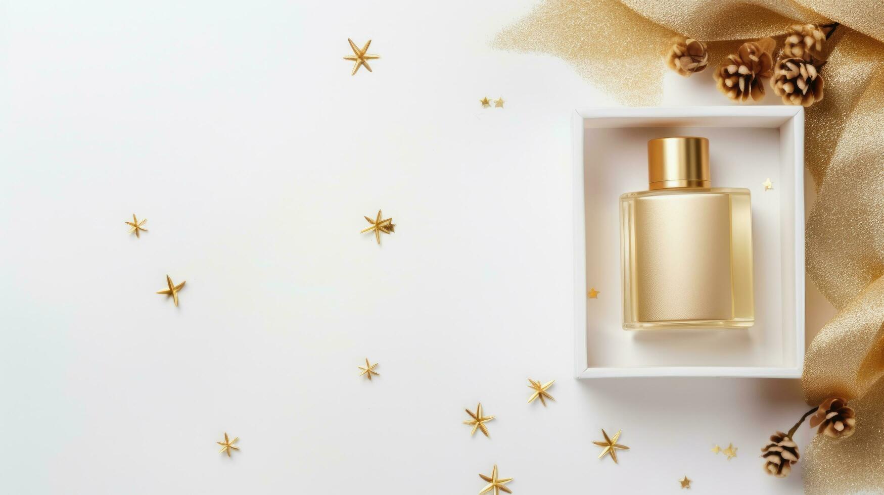 Top view of luxury serum bottle in the box with gold gift box with copy space on white background, Generative ai. photo