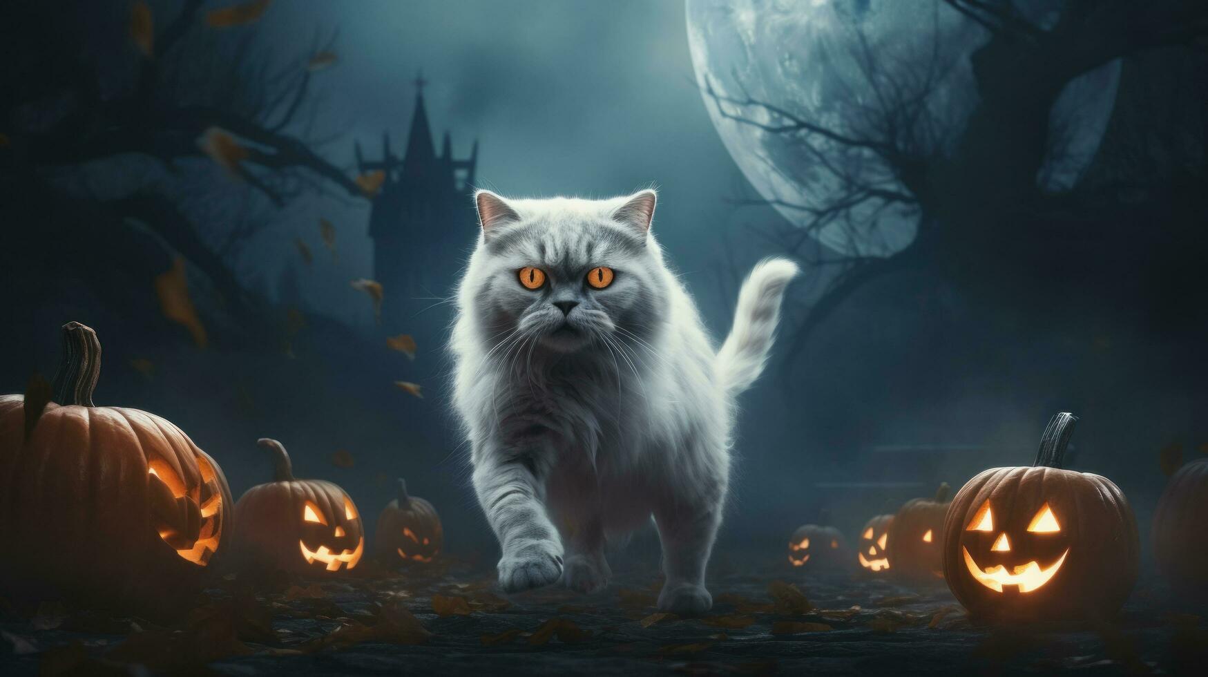 Ghost cat on dark night background, halloween concept, by AI Generative. photo