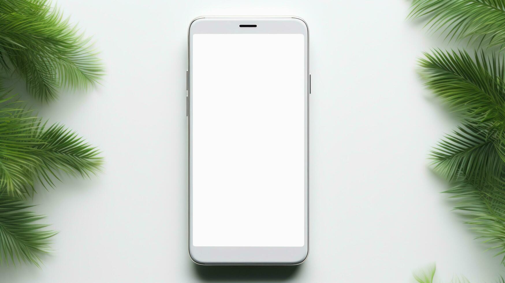 Flat lay of smartphone with blank and leaves and flowers screen on white background, Generative ai. photo