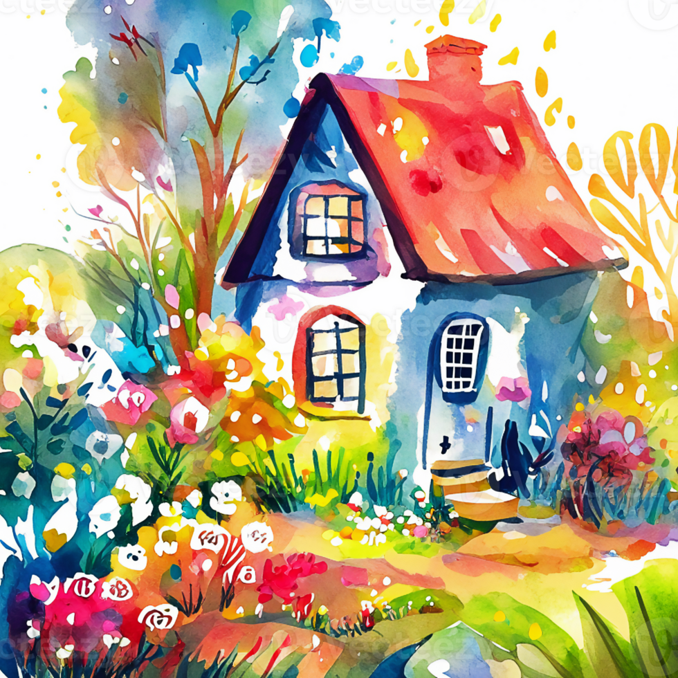 Colorful Watercolor Country Cottage Scene AI Generative png