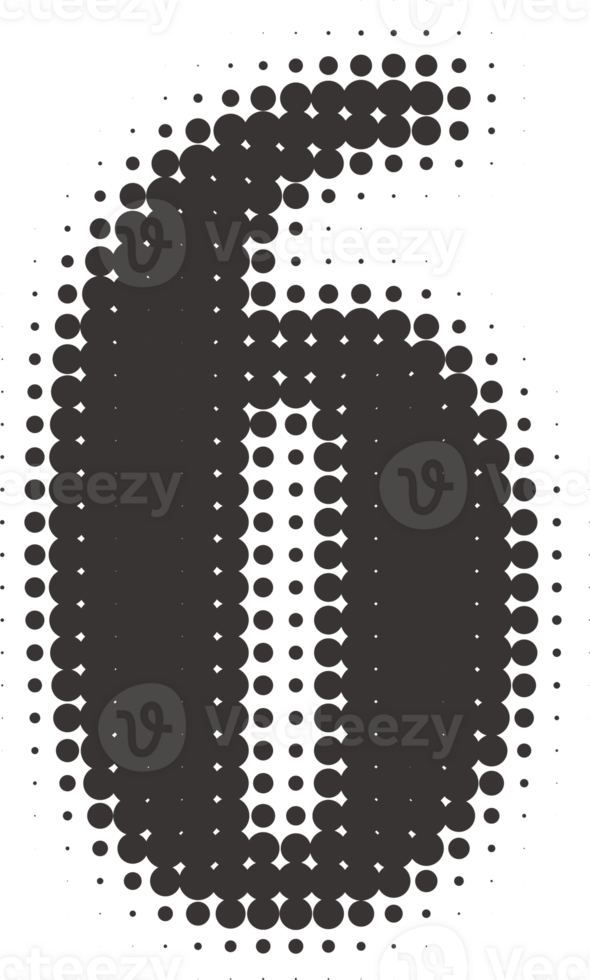 Halftone number 6. Grunge font with pixel pattern. Typography numeral with abstract dotted effect. Pop art design element. png