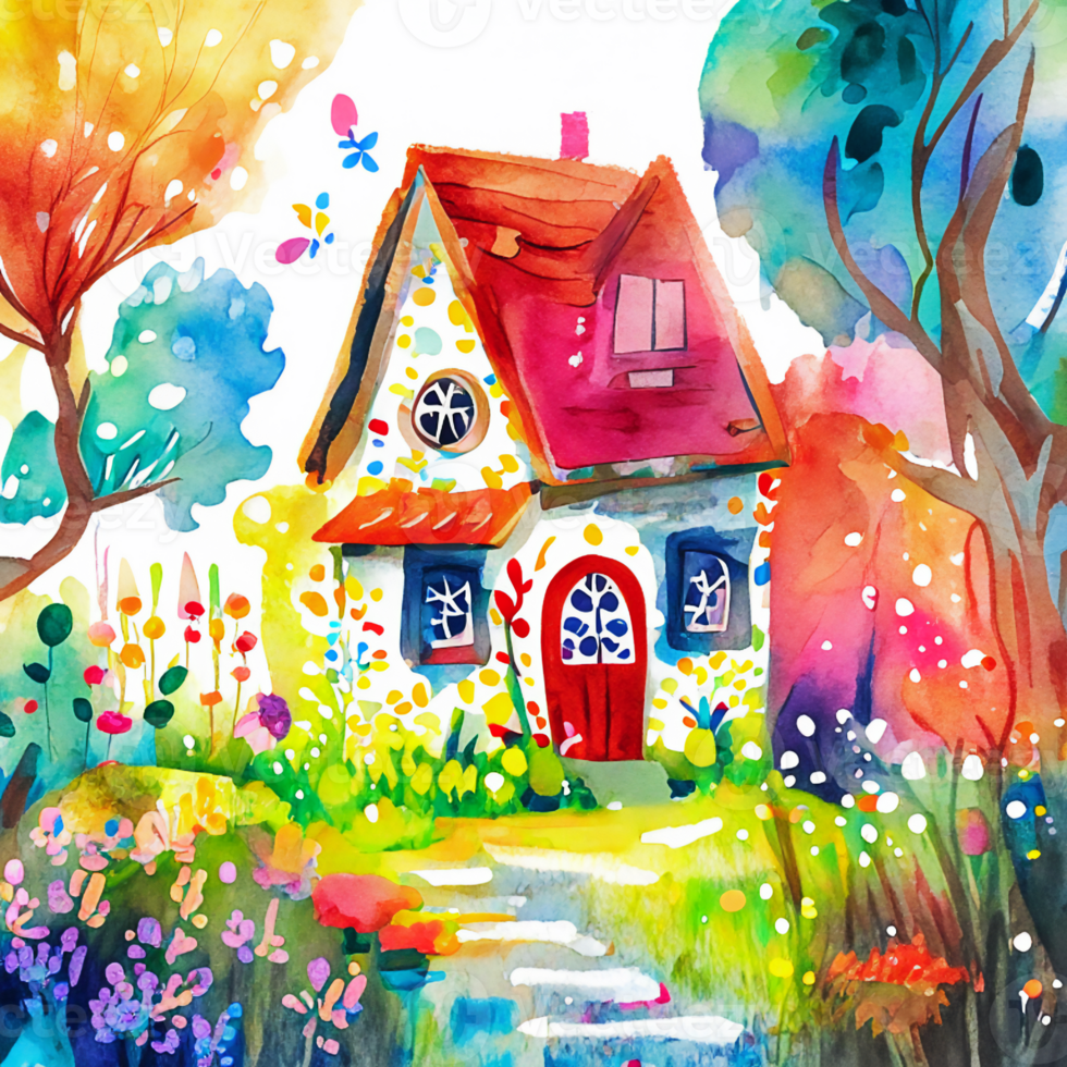 Colorful Watercolor Country Cottage Scene AI Generative png