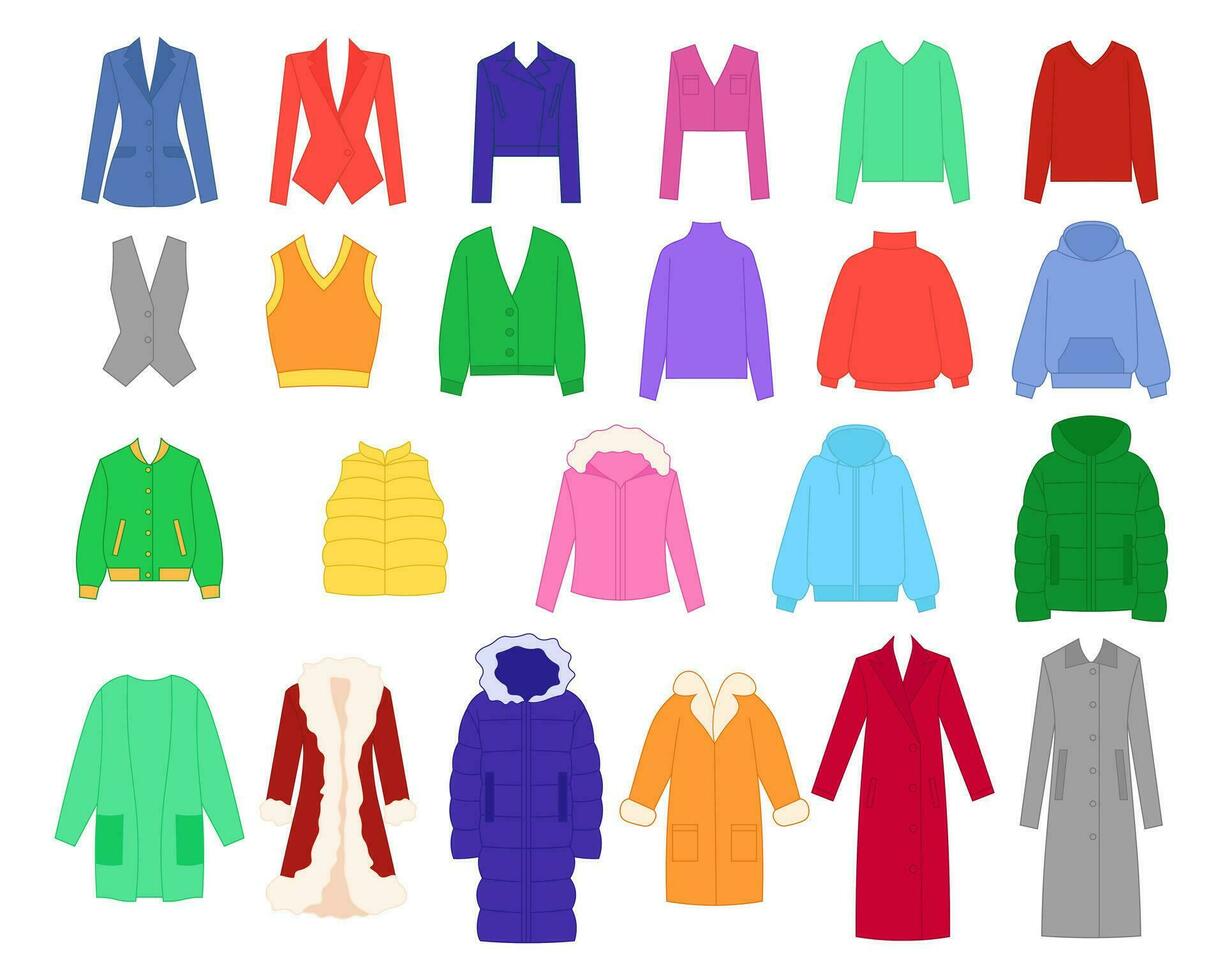 Set of clothes coat, sweatshirt, jacket, sweater, vest, outerwear, down-padded coat, fur coat vector