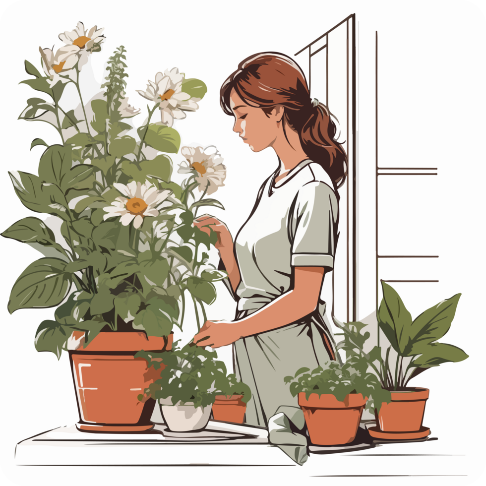 mujer y plantas ilustración con ai generativo png