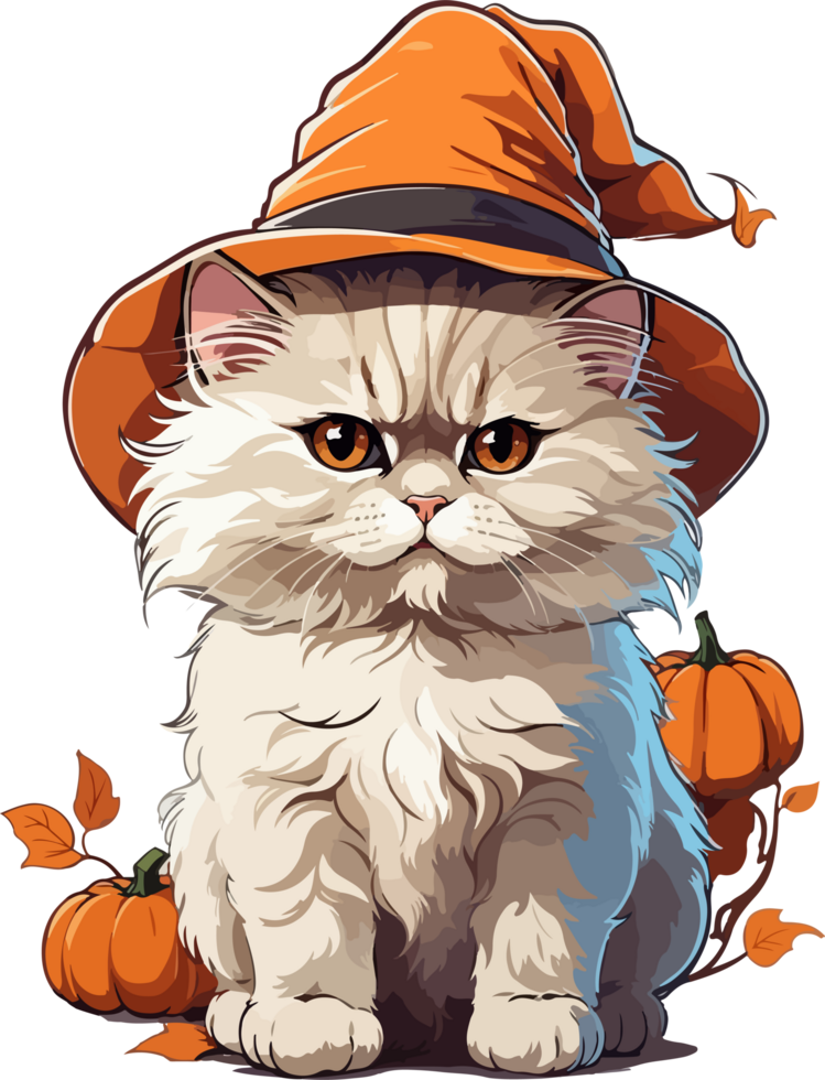 Cute Persian Cat with Halloween Hat Cartoon AI Generative png