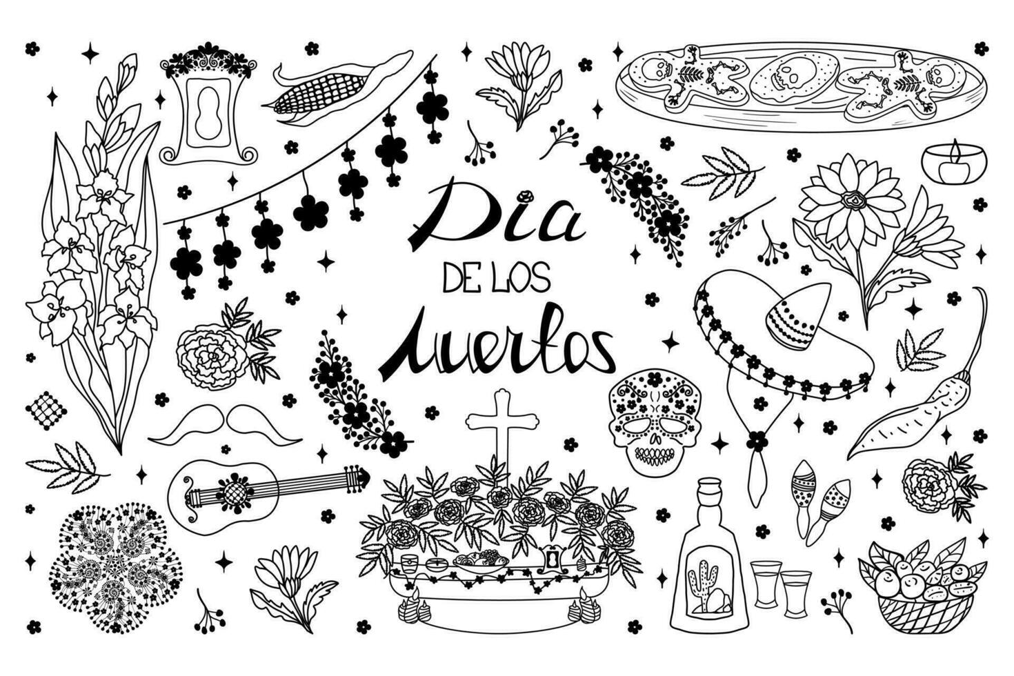 Set of Day of the Dead clipart. Hand drawn Dia de los Muertos doodle symbols for design. Traditional flowers, offerings, treats, altar, skeleton and skull cookies, marigold garland, lettering. vector