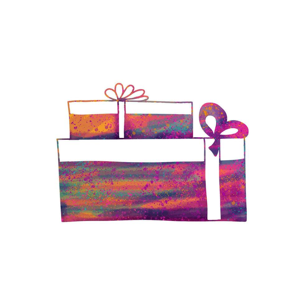 Colorful hand drawn silhouette of groups of gift boxes painted with a watercolor effect. Isolated on white background. vector