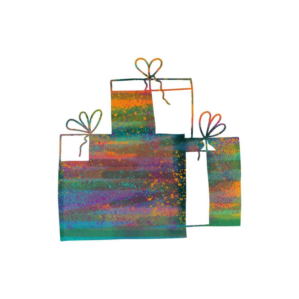 Colorful hand drawn silhouette of groups of gift boxes painted with a watercolor effect. Isolated on white background. vector