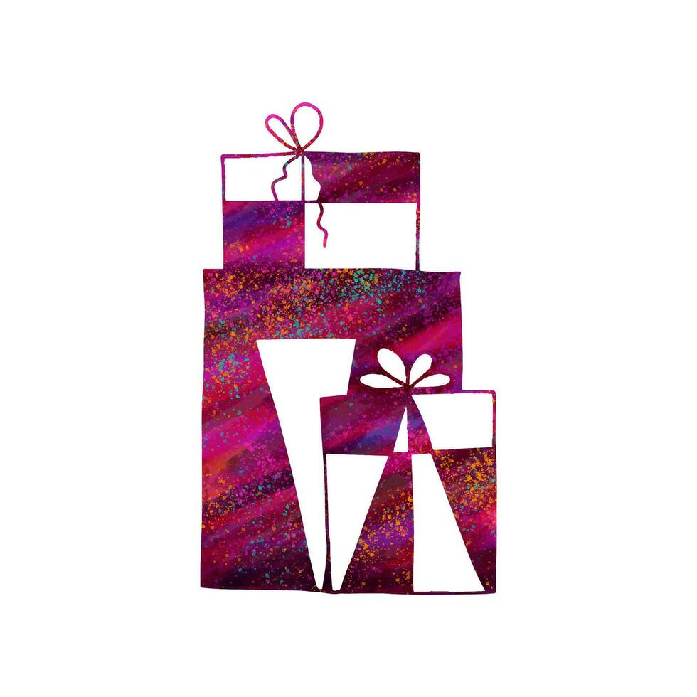Colorful hand drawn silhouette of groups of gift boxes painted with a watercolor effect. Isolated on white background. vector