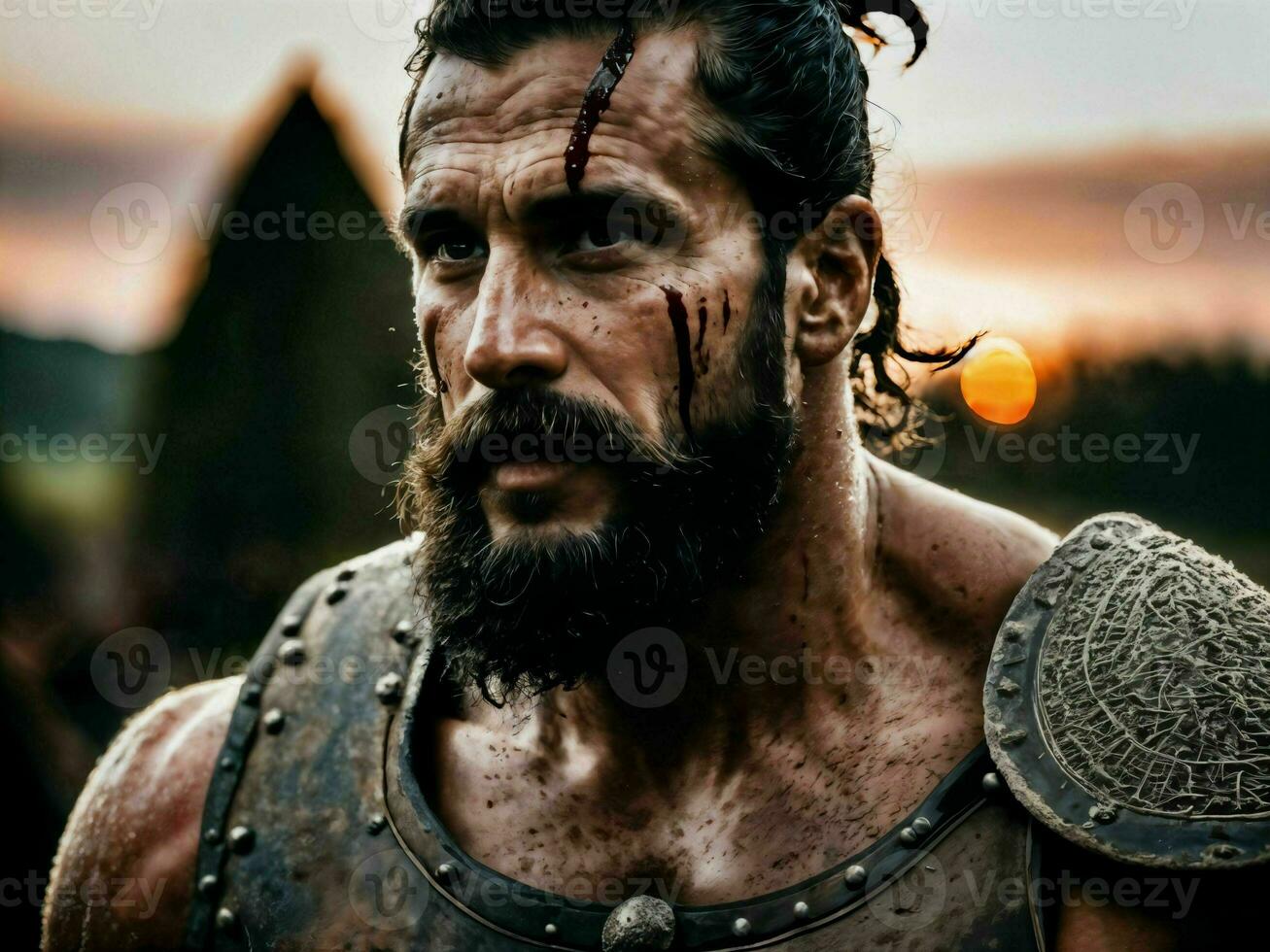 photo of ancient barbarian male warrior stained , generative AI