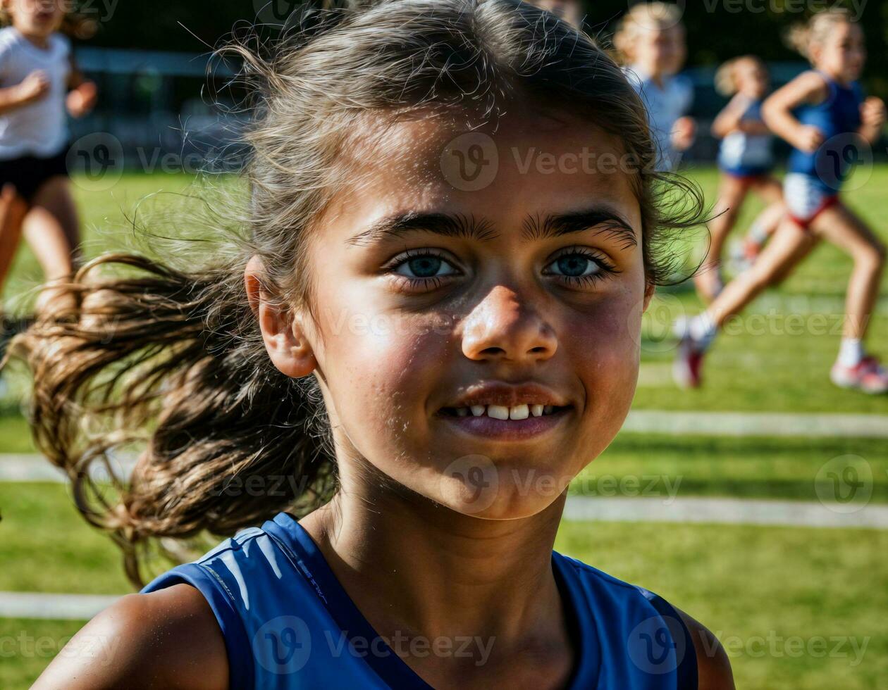 photo of girl kids running race sport at school, generative AI