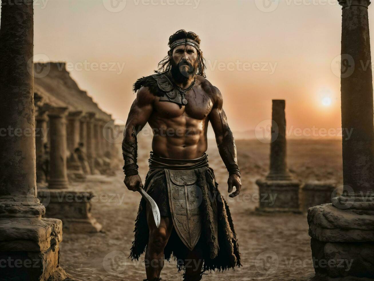 photo of ancient barbarian male warrior stained , generative AI